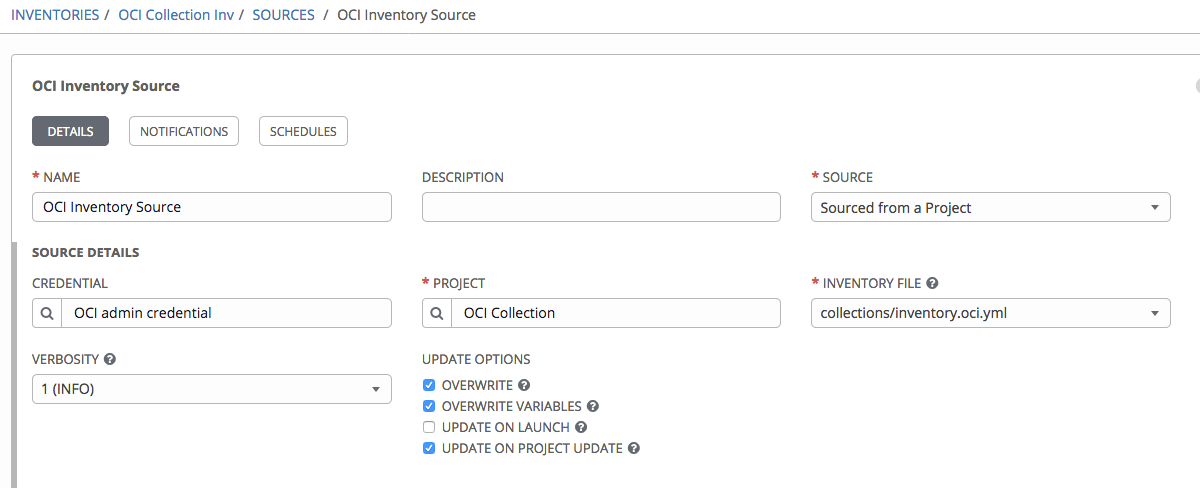 A screenshot of a OCI Inventory Source creation page.