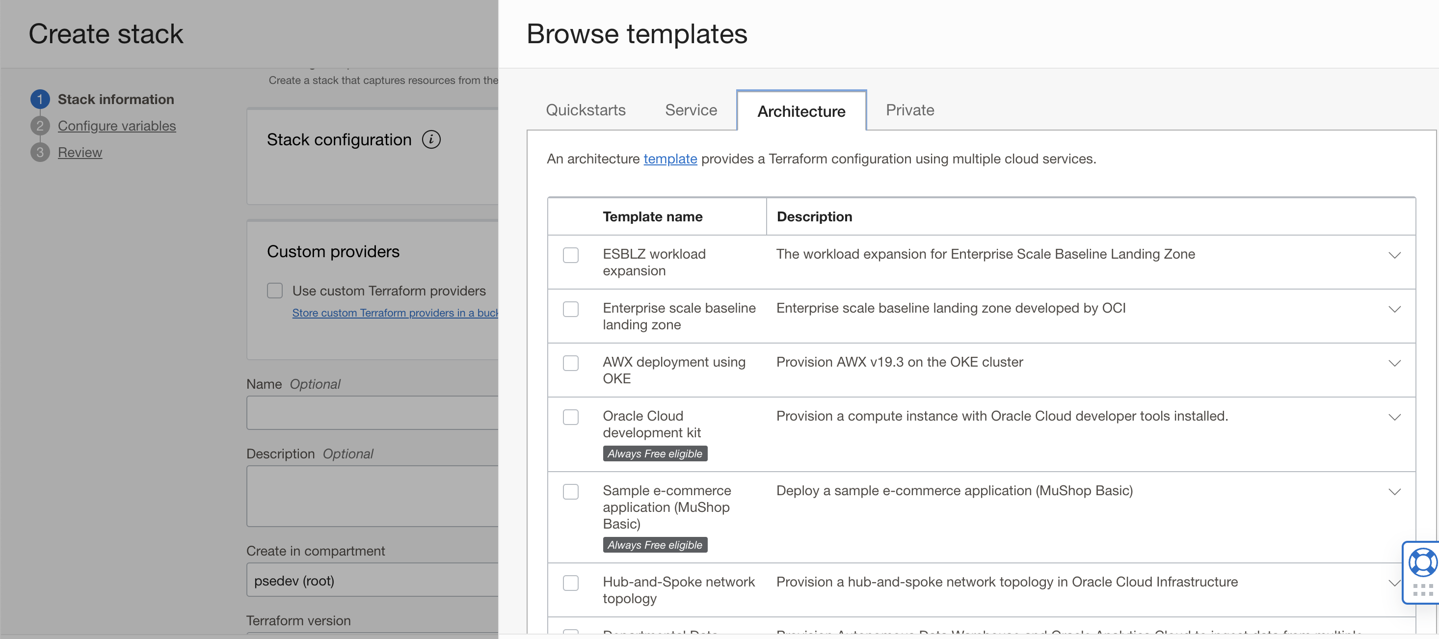 A screenshot of the Create Stack page on the Stack Information and Architecture tabs.