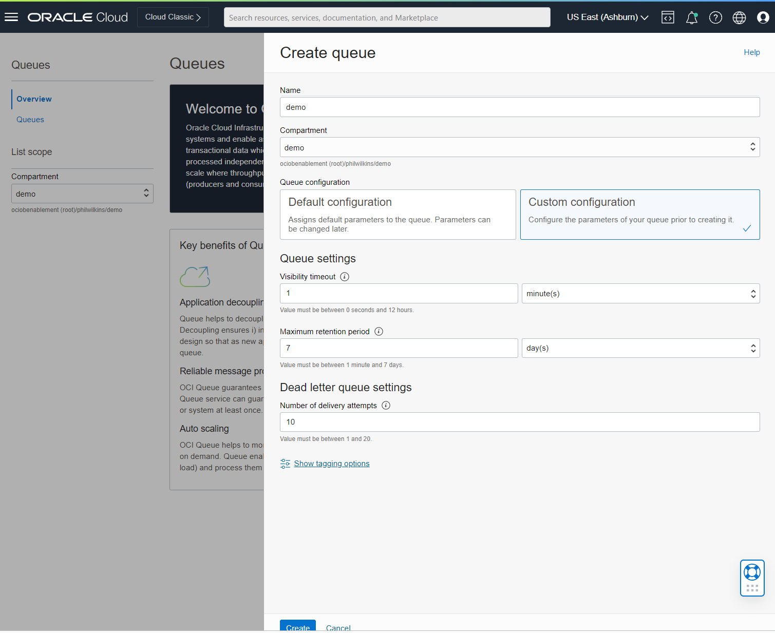 A screenshot of the Create Queue window in the Oracle Cloud Console, showing the configuration of a new queue.
