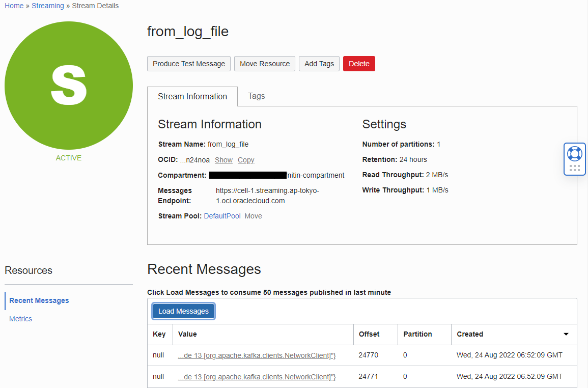 A screenshot of the Stream Details page showing the Stream Information tab in the Oracle Cloud Console.