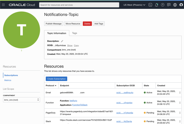 A screenshot that shows the Notifications topic page in the OCI Console.