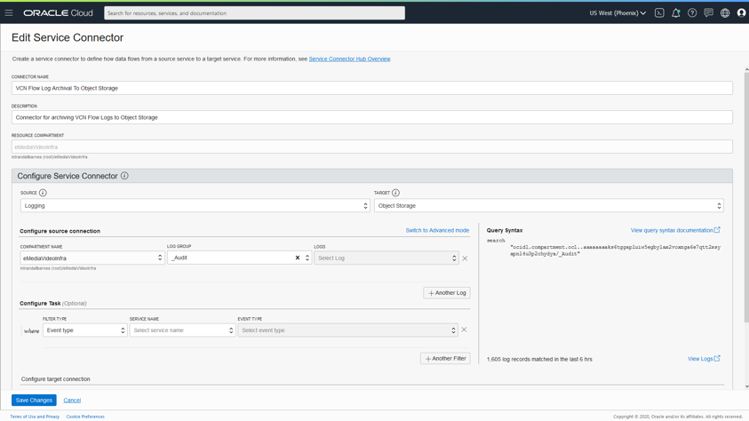 A screenshot that shows the Edit Service Connector page in the OCI Console.