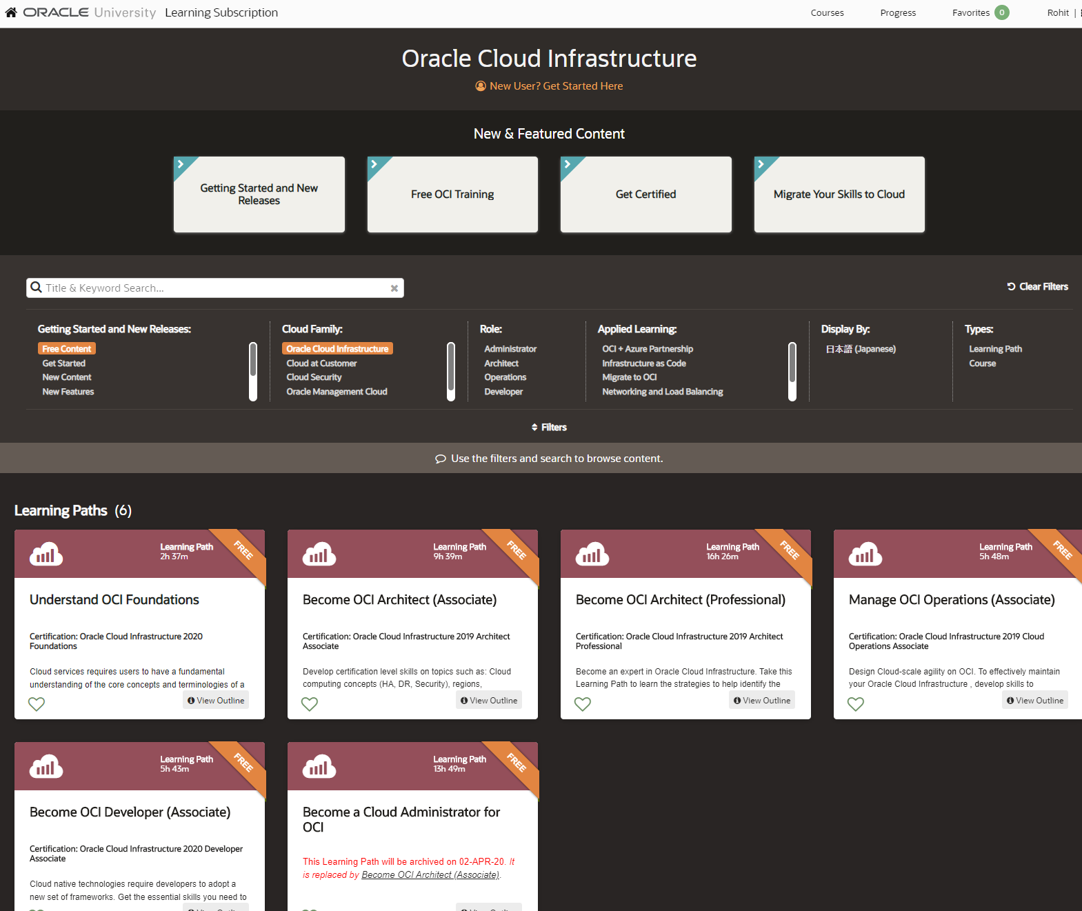 Go to the Oracle Cloud Infrastructure page on the Oracle University site to access learning content free of charge.