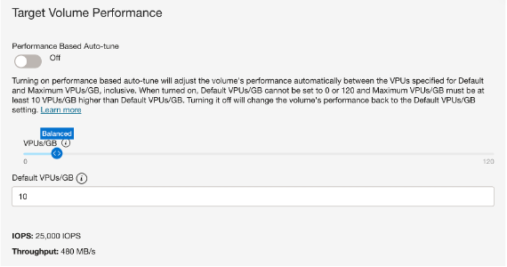A screenshot of the Target Volume Performance section in the Oracle Cloud Console, showing the adjustment of the VPU.
