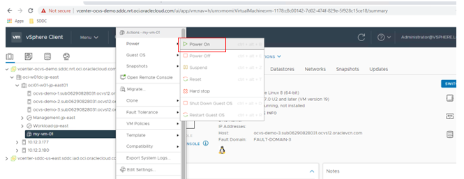 A screenshot of the uploaded virtual machine with the power menu expanded and the option for Power On highlighted and outlined in red.