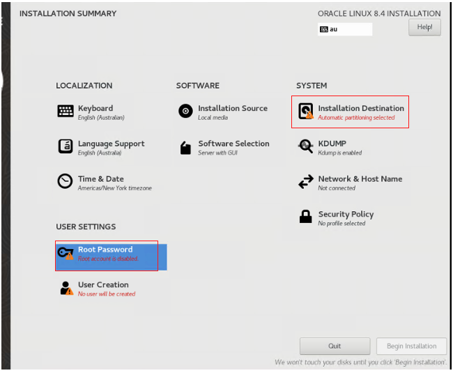 A screenshot of the Installation Summary page with the system and user settings outlined in red.