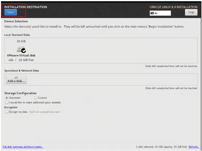 A screenshot of the Installation Destination window with the Done button outlined in red.