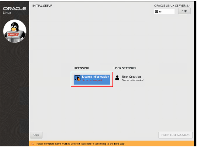 A screenshot of the Oracle Linux Initial Setup page with the License Information button highlighted and outlined in red.