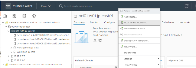 A screenshot of the expanded actions menu with the option for New Virtual Machine highlighted and outlined in red.
