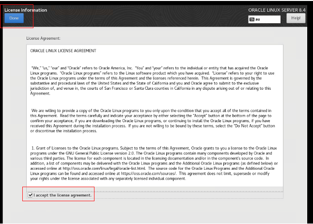 A screenshot of the License Agree page with the checkbox for “I agree the license agreement” and the Done button outlined in red.