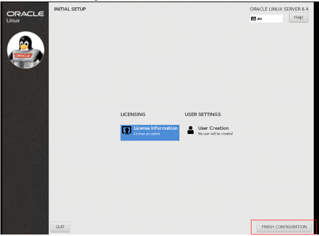 A screenshot of the Initial Setup page with the Finish Configuration button outlined in red.
