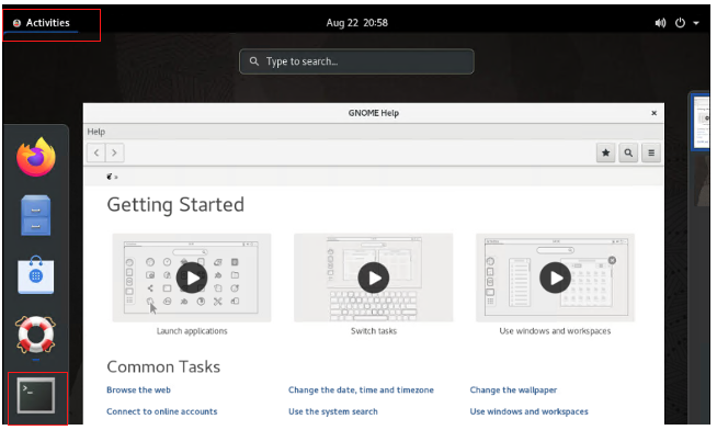 A screenshot of the server dashboard with the Activities menu and button for the terminal outlined in red.