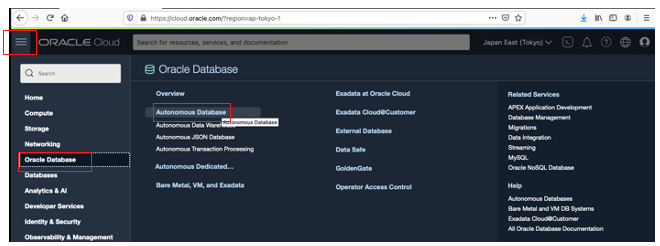 A screenshot of the OCI Console with the menu expanded and the Oracle Database and Autonomous Database options outlined in red.