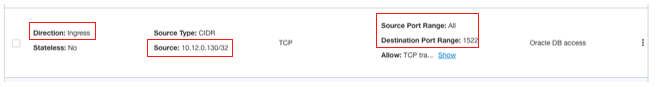 A screenshot of the CIDR details wtih the direction, source, source port, and destination port range outlined in red.
