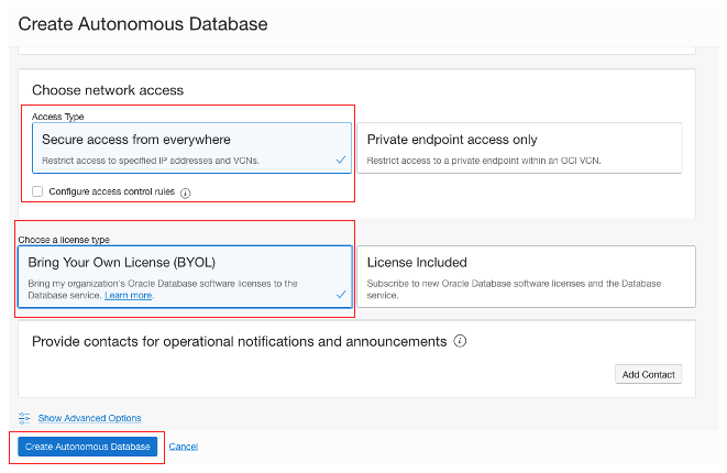 A screenshot of the Create Autonomous Database page with the access type, license type, and Create Autonomous Database button outlined in red.
