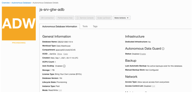 A screenshot of the Autonomous Database Details page.