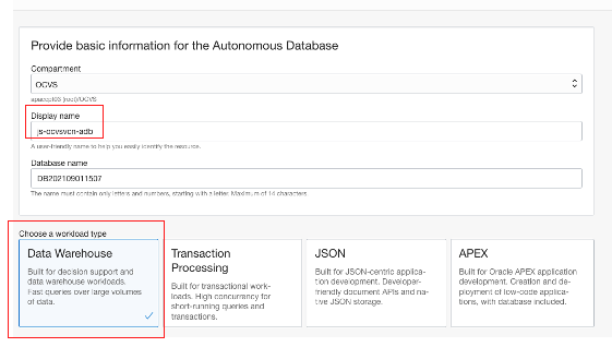 A screenshot of the basic information page for the autonomous database with the display name and workload type outlined in red.