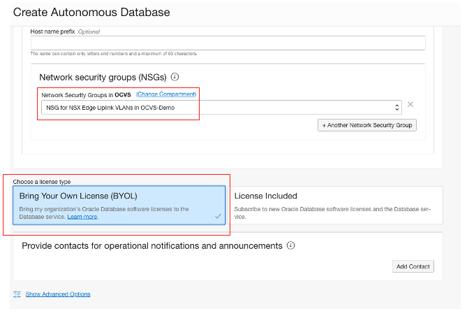 A screenshot of the Create Autonomous Database page with the NSG and license type outlined with red.