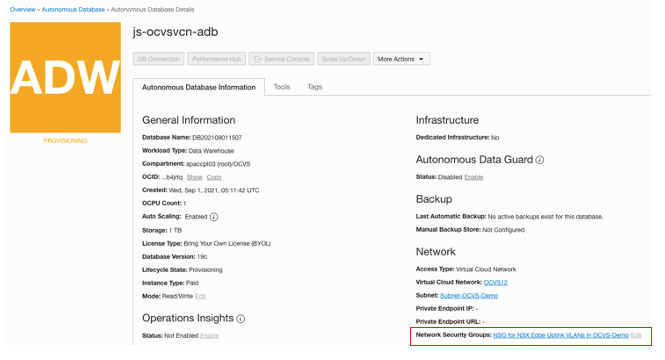 A screenshot of the Autonomous Database Details page with the network security groups outlined in red.