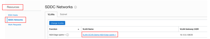 A screenshot of the SDDC Networks page with the VLAN outlined in red.