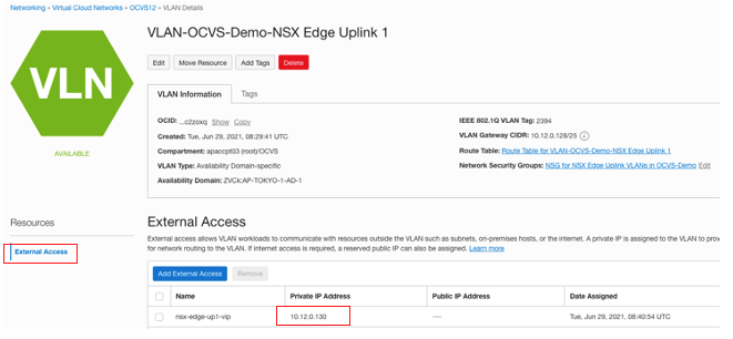 A screenshot of the VLAN Details page with the external access link and private IP address outlined in red.
