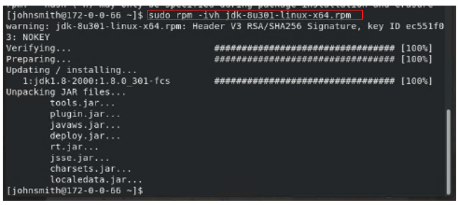 A screenshot of the code block with the sudo command to install the JDK file outlined in red.