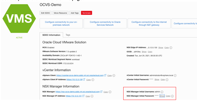 A screenshot of the OCVS-Demo details page in the Oracle Cloud Console with the NSX initial username and password outlined in red.