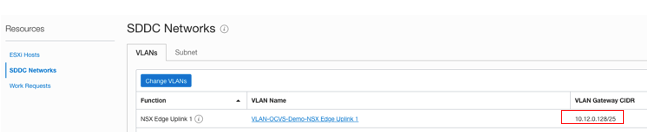 A screenshot of the SDDC Networks page on the VLANs tab with the VLAN gateway CIDR outlined in red.