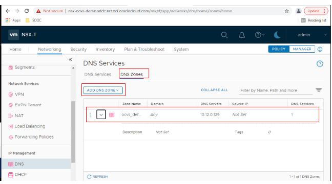 A screenshot of the DNS Services page in VMware NSX-T with the DNS zones tab, Add DNS Zone button, and the zone name outlined in red.