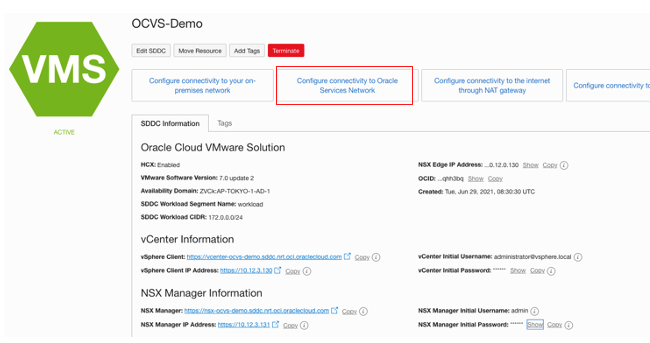 A screenshot of the OCVS-Demo details page with the Configure connectivity to Oracle Services Network tab outlined in red.