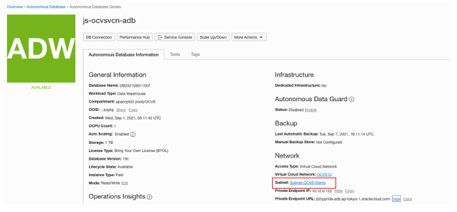 A screenshot of the Autonomous Database Details page for the example connection with the subnet outlined in red.