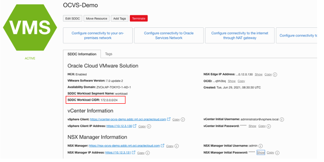 A screenshot of the OCVS-Demo details page in the Console with the SDDC Workload CIDR outlined in red.