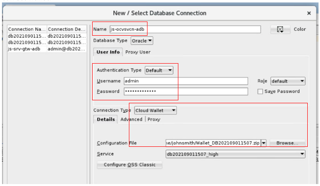 A screenshot of the New / Select Database Connection with the name, username, password, and configuration details outlined in red.