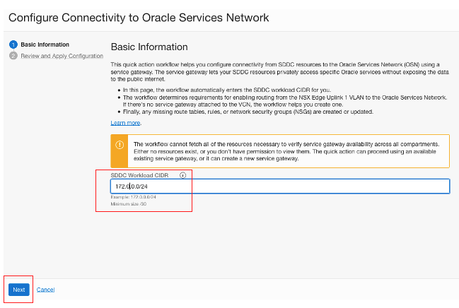 A screenshot of the Configure Connectivity to Oracle Services Network window with the SDDC Workload CIDR outlined in red.