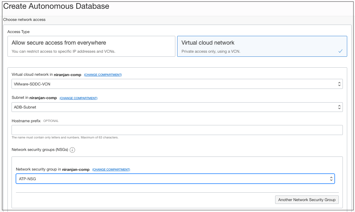 A diagram that illustrates the VCN and NSG associated with Autonomous Database.