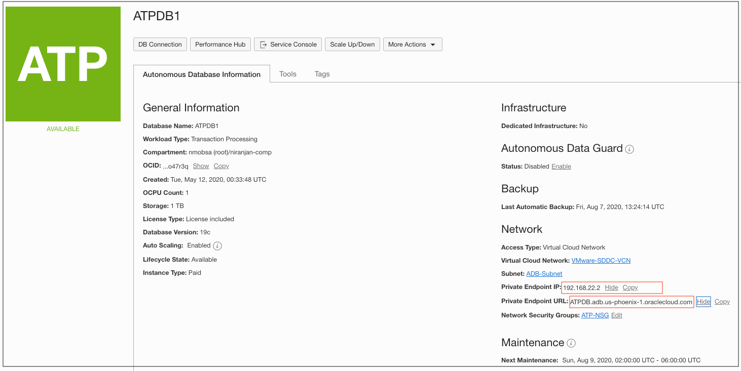 A diagram that illustrates the private endpoint (private IP) of the Autonomouse Database.