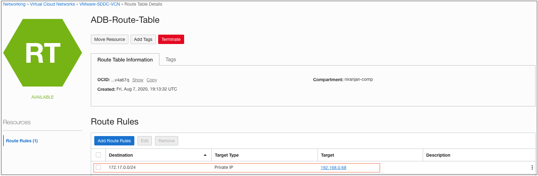 A diagram that illustrates the route rule added to route table for Autonomous Database.