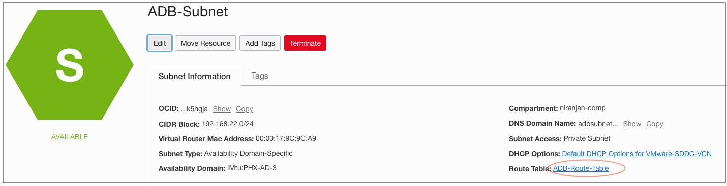 A diagram that illustrates the Autonomouse Database subnet and associated route table.