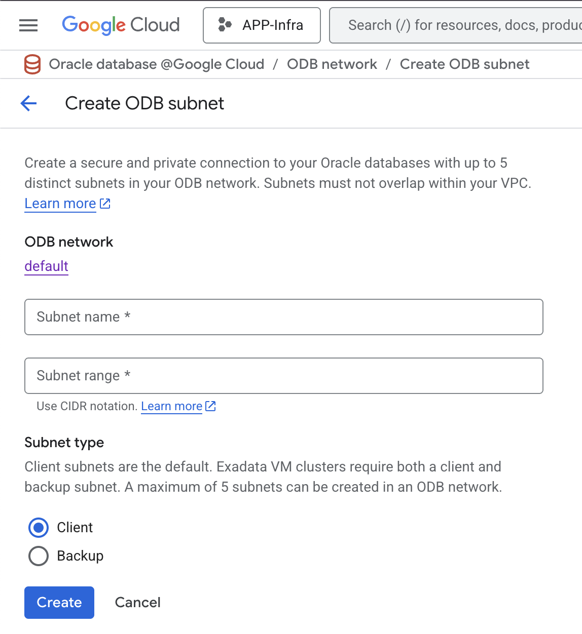 An image of the Create ODB subnet dialog in the Google Cloud console