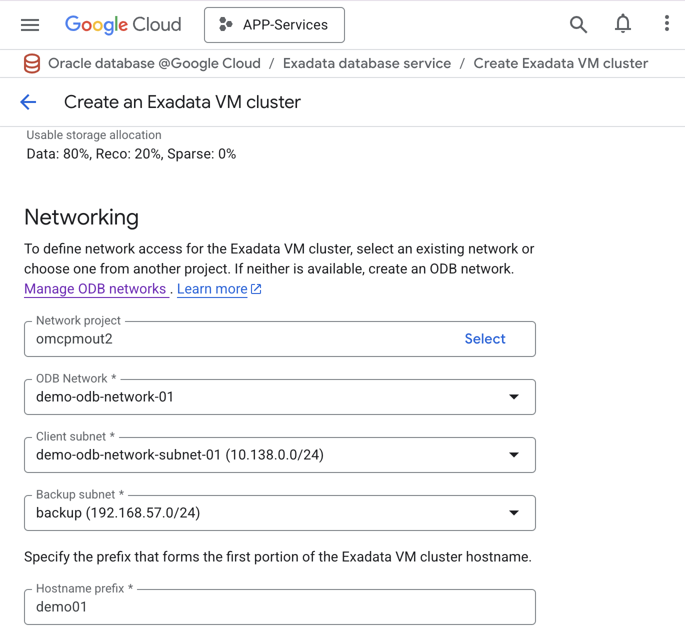 An image of the Create Exadata VM cluster dialog in the Google Cloud console
