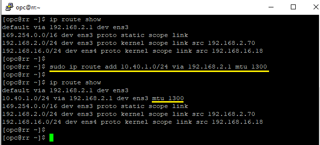 A screenshot of the ip route command setting the MTU size on a database.