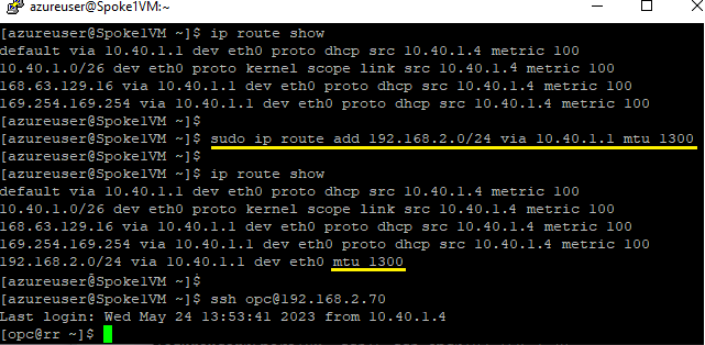 A screenshot of the ip route command setting the MTU size on a database.