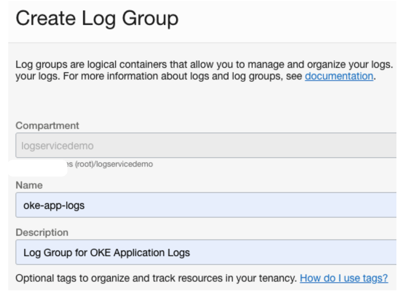 A screenshot of the Create Log Group window with the name and description filled in.