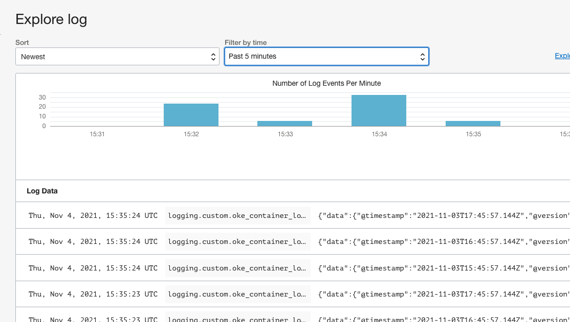 A screenshot of the Explore Log page with the Filter by Time menu highlighting the past 5 minutes.