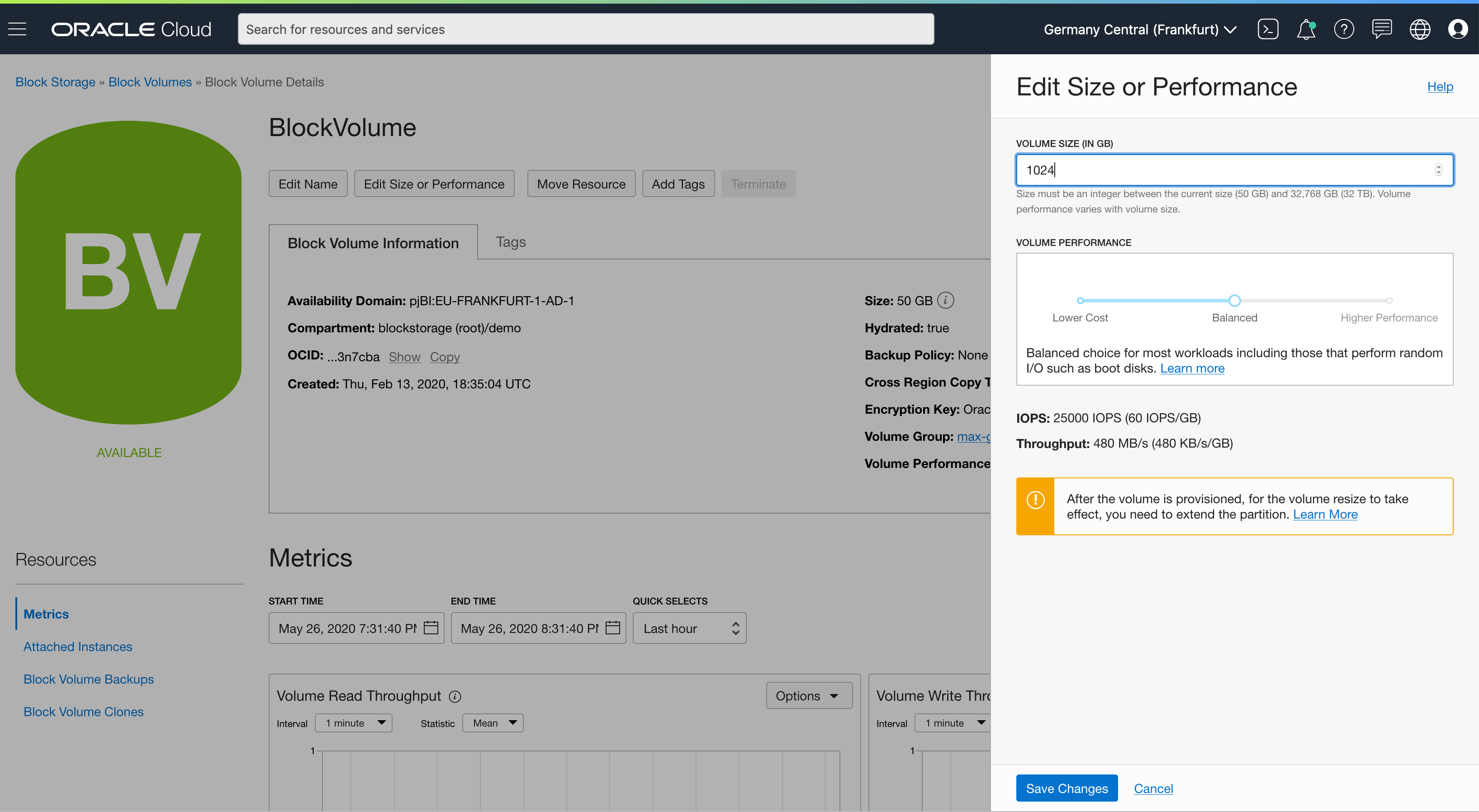 A screenshot showing the Edit Size of Performance pop-up window on the Block Volume Details