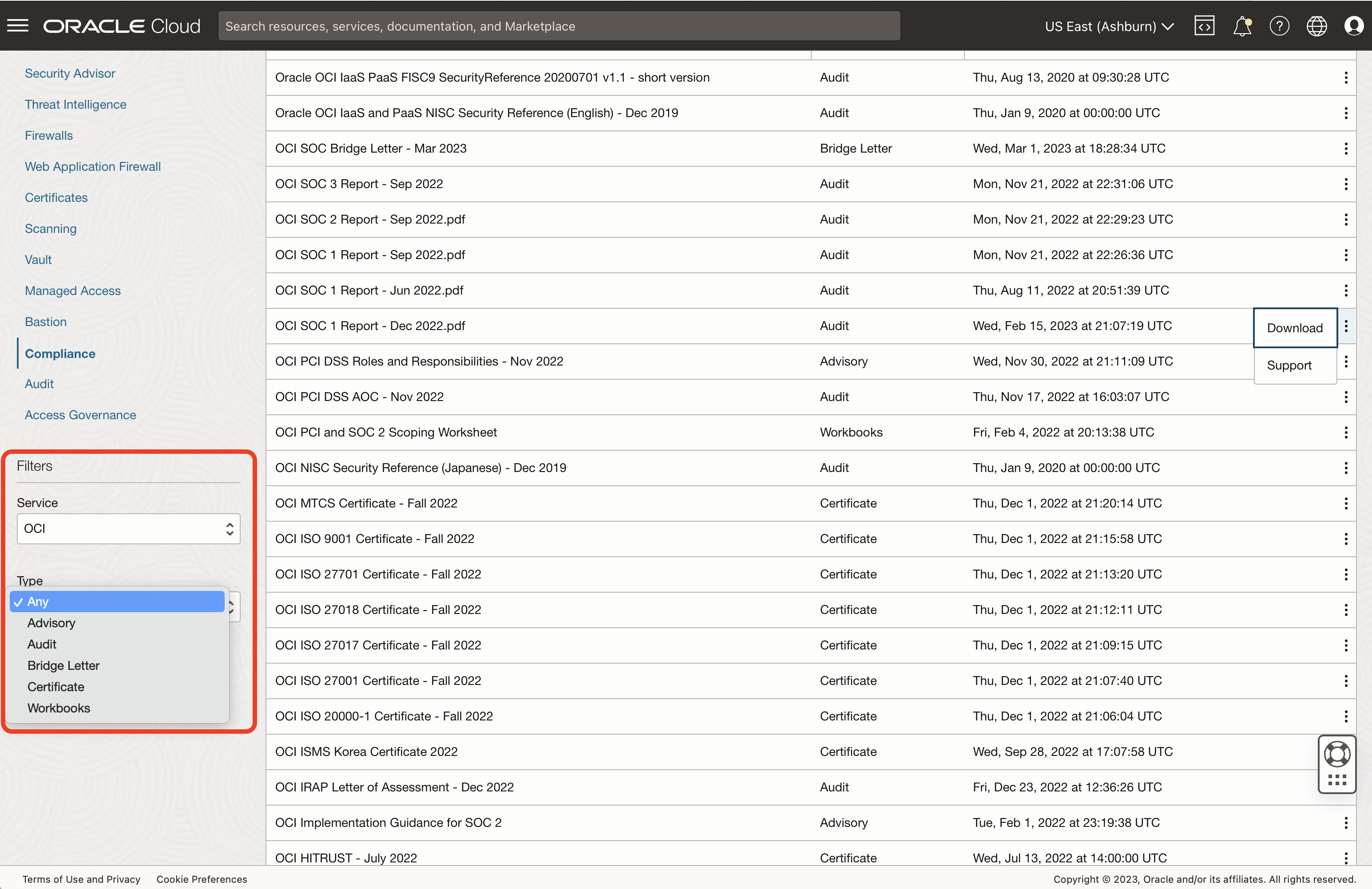 A screenshot of the Compliance Documents page with the option for filters circled in red, the menu for the document expanded, and the option to download highlighted.