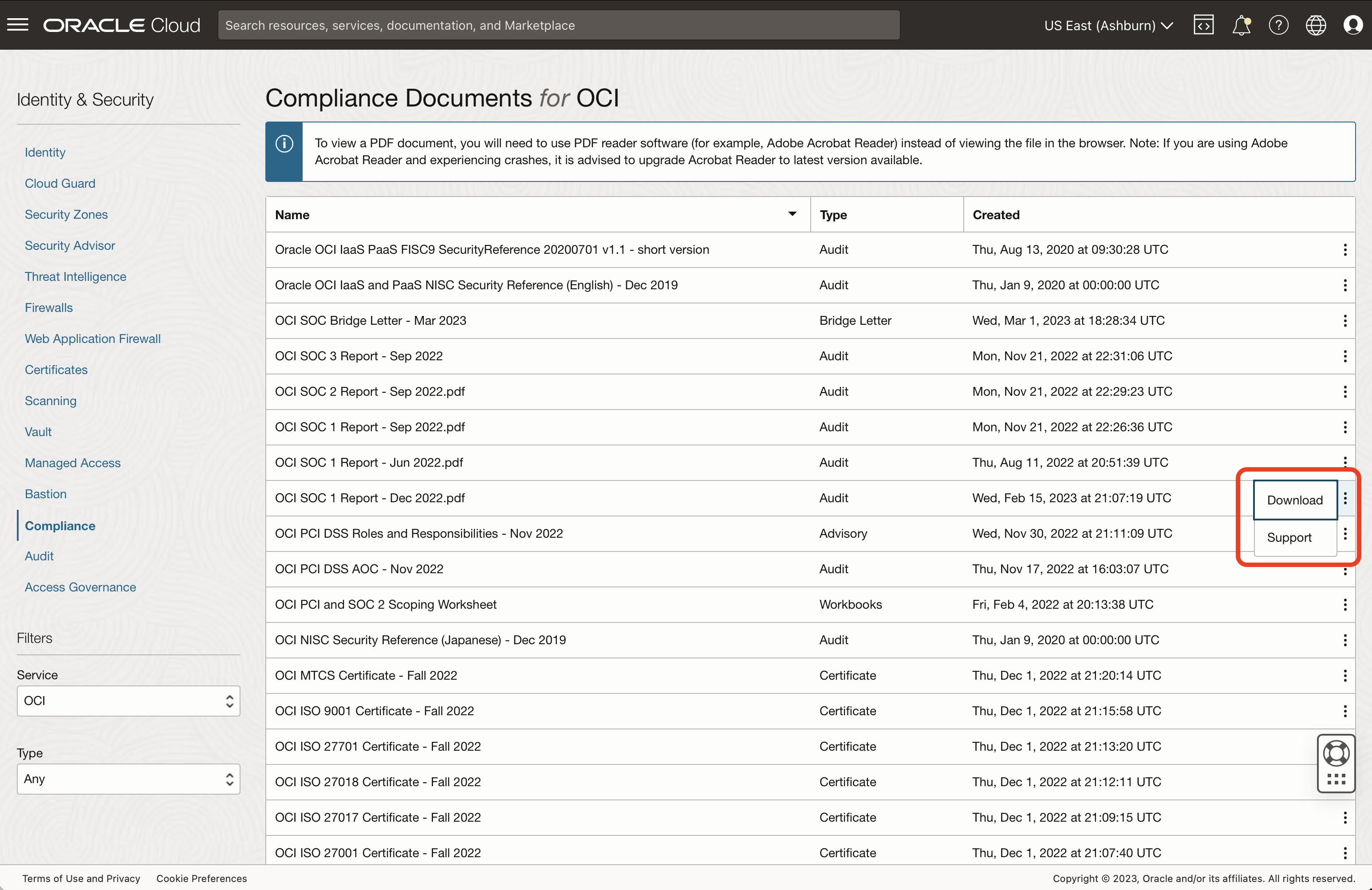 A screenshot of the Compliance Documents page with the options for Download and Support circled in red.