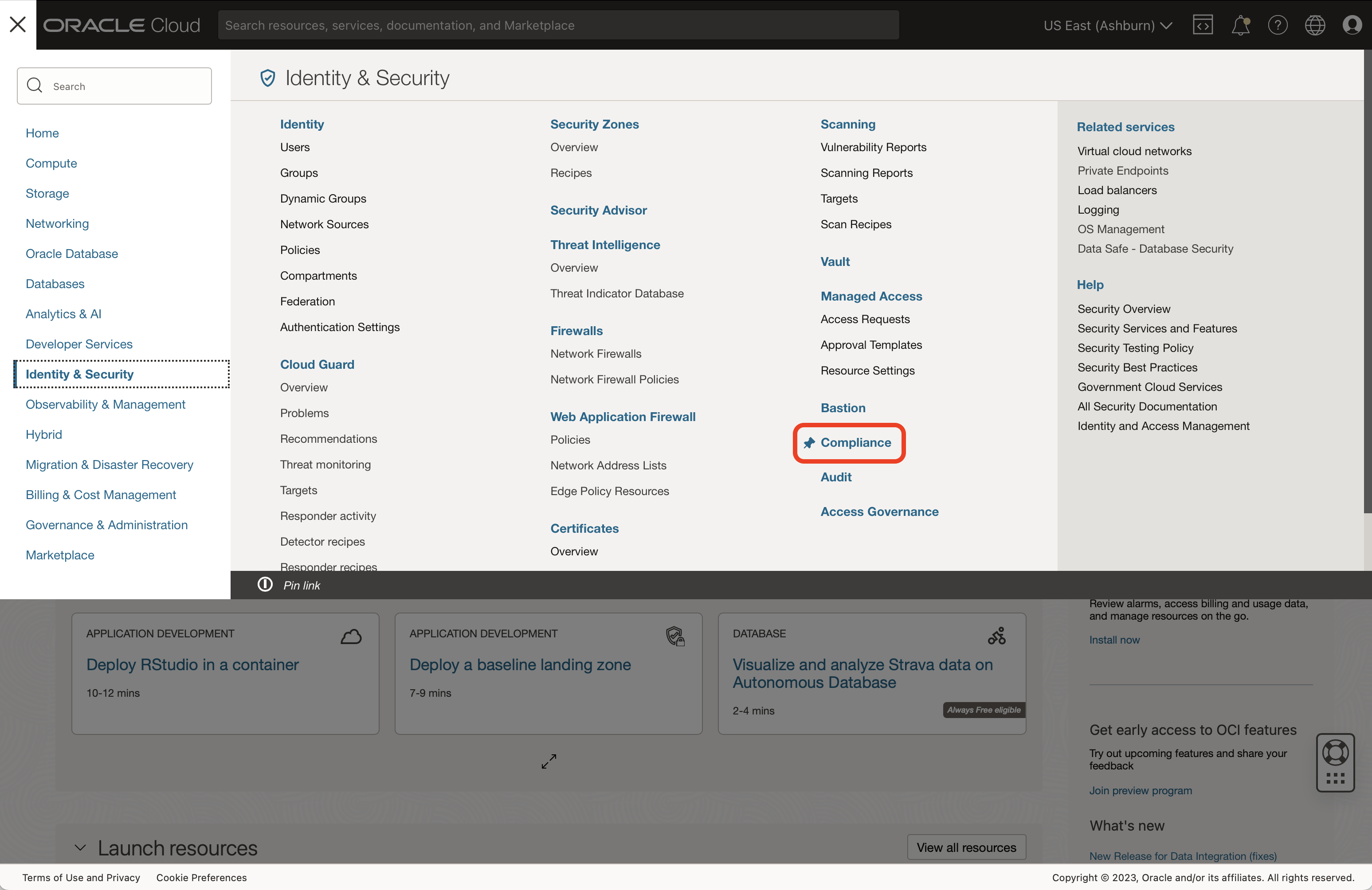 A screenshot of the expanded menu in the Oracle Cloud Console with Identity & Security selected and the link for Compliance circled in red.