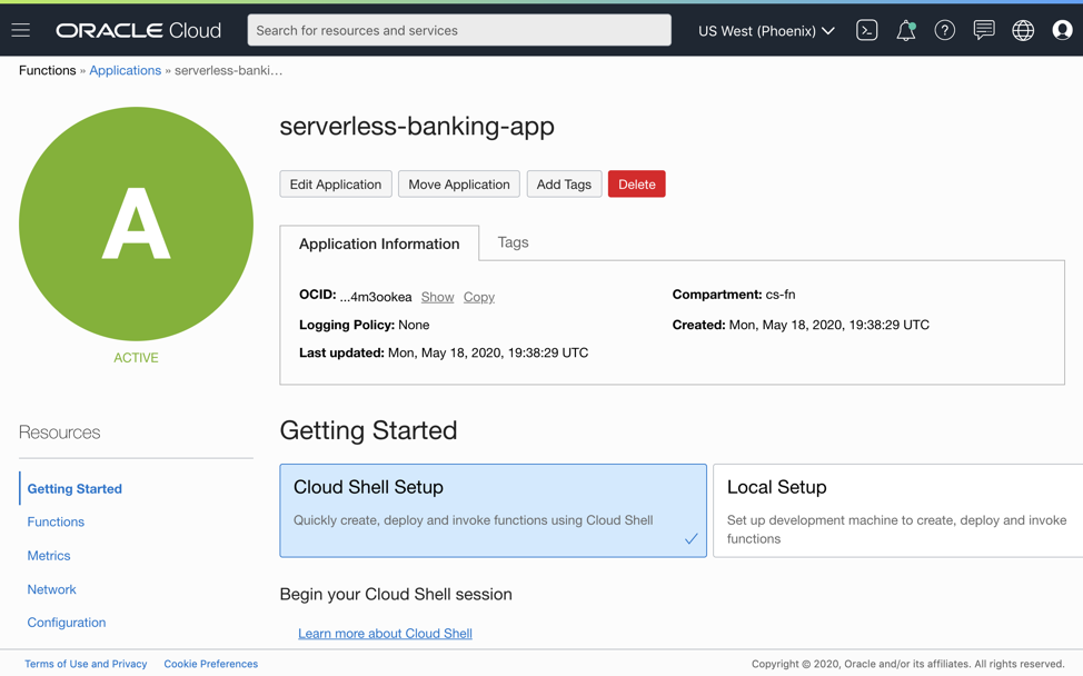 A screenshot that shows a Functions application details page in the OCI Console.