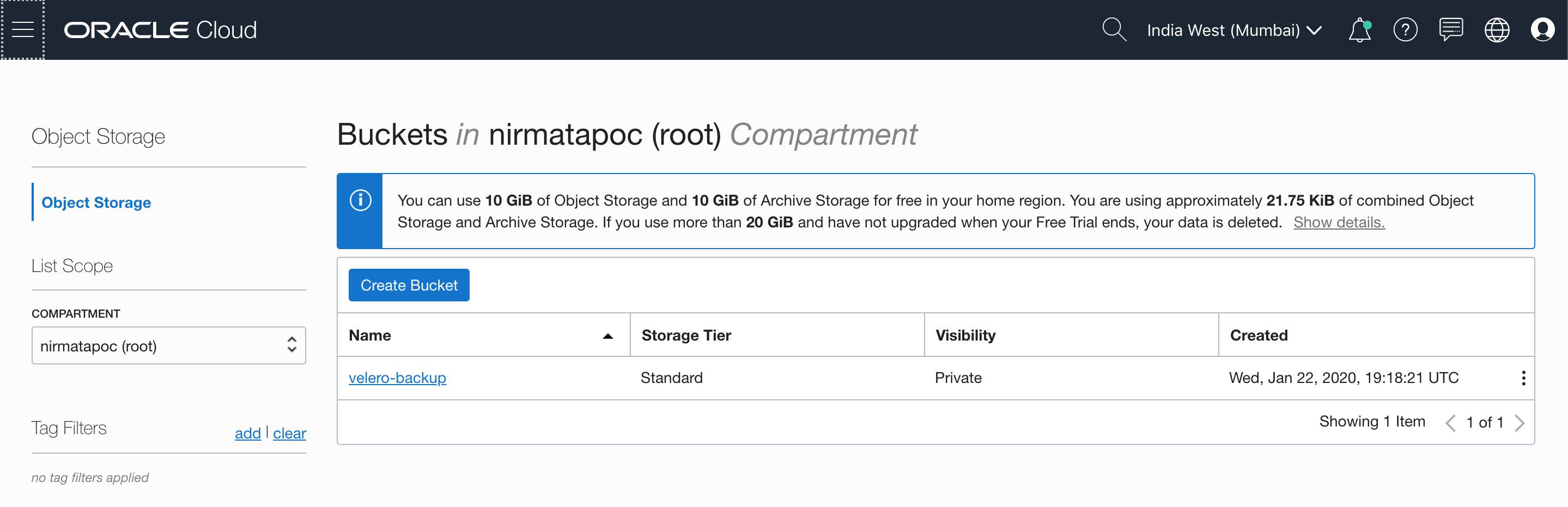 Screenshot that shows a backup bucket listed on the Object Storage page in the Oracle Cloud Infrastructure Console.